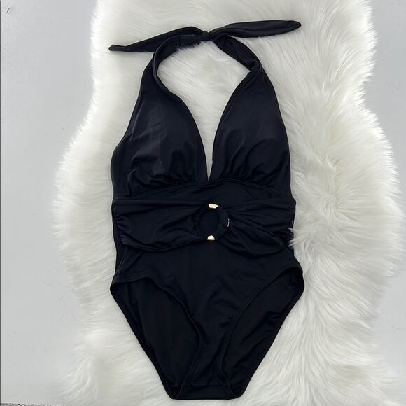 Kate Spade Women's Belted Plunge Halter One Piece Swimsuit - Black - Medium - Picture 1 of 7
